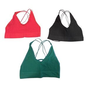 New Women’s Strappy Ribbed Bralette - Red, Black & Green Bundle sz L